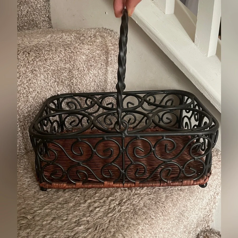 Elegant Brown Wicker and Black Metal Basket